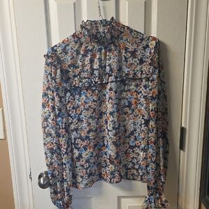 SHEIN Floral Ruffle Blouse - Blue and Orange